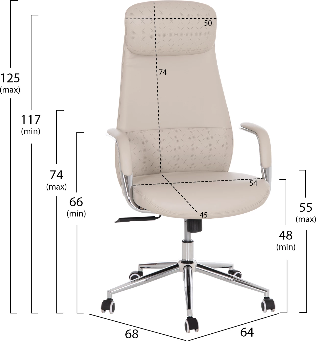 Karrige zyre SONTY, lëkurë sintetike gri e çelët, bazë kromi, FH18354.10, 64x68x125cm