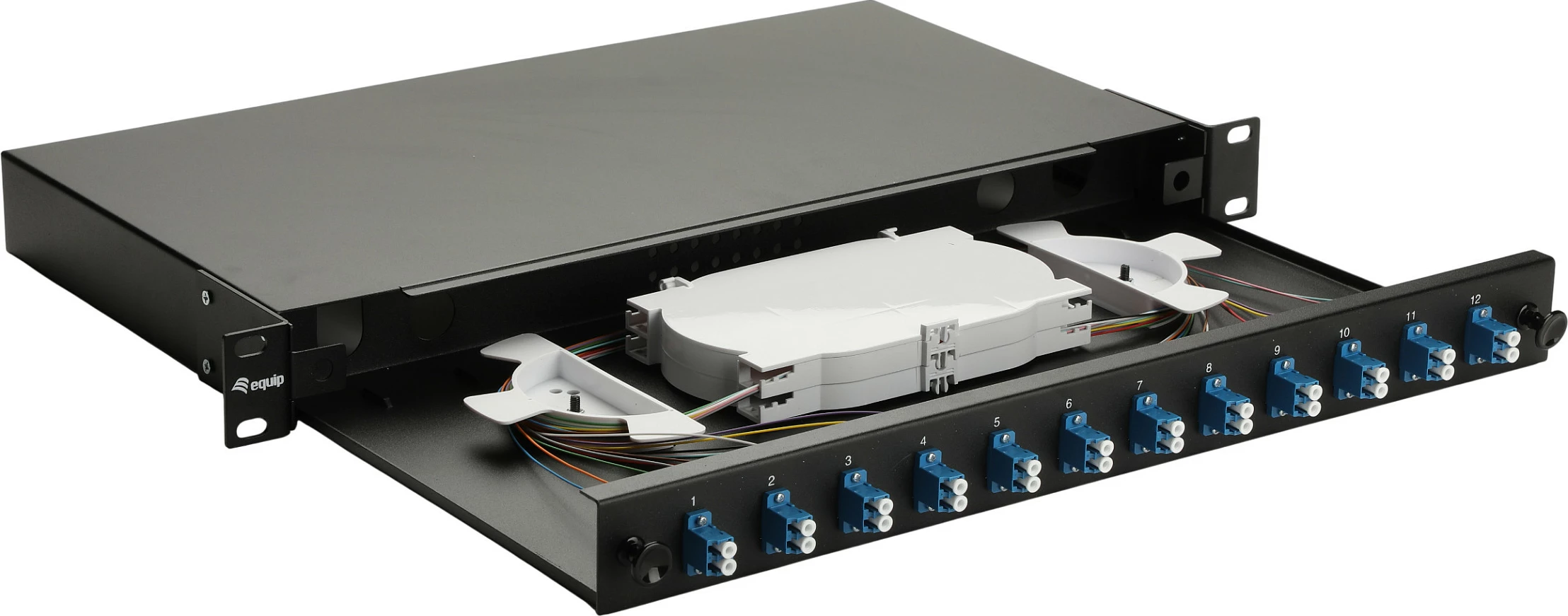 Kuti splice fibër optike EQUIP 337200, 12-port LC Duplex, OS2, 1U rack 19", çelik, e zezë