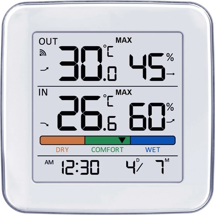 Stacion moti pa kabllo GreenBlue GB169, temperaturë brenda/jashtë, lagështi, orë/alarëm, datë, rreze deri 60 m, me sensor, e bardhë