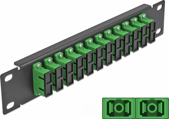 Patch panel fibër optike DeLOCK 10″, 12x SC Duplex, 1U, SMF, zezë/gjelbër