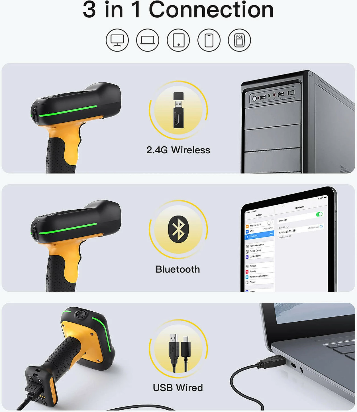 Skaner barkodi Inateck BCST-75S, 1D/2D, Bluetooth/2.4G/USB, IP67, me dock karikimi, zi/verdhe