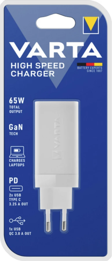 Karikues VARTA High Speed Charger 65W, 2x USB-C PD, 1x USB-A, GaN, i bardhë