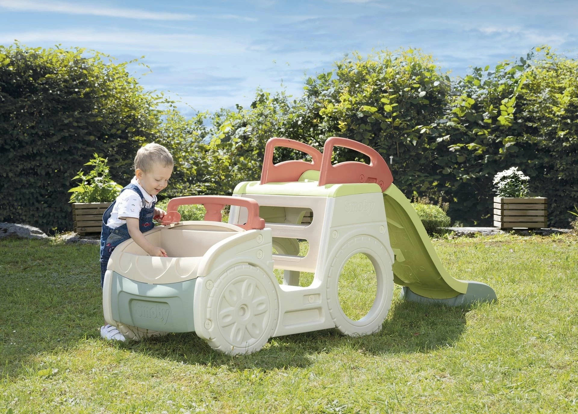 Lodër oborri 3-në-1 Smoby Adventure Car 840207, rrëshqitëse 150 cm, shumëngjyrëshe