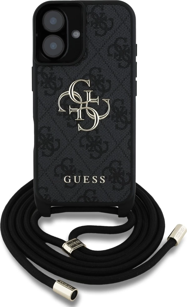 Mbështjellës Guess 4G Big Logo Cord Stap Crossbody për iPhone 16, i zi