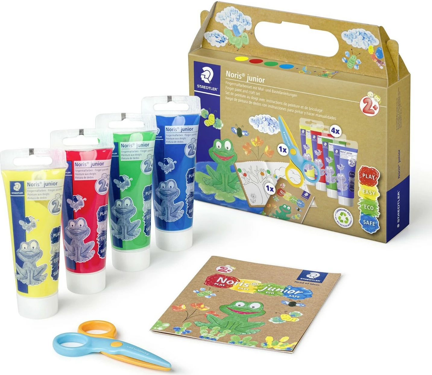 Set boje gishti STAEDTLER Noris junior, 4x75ml, gërshërë, fletore, multingjyrëshe