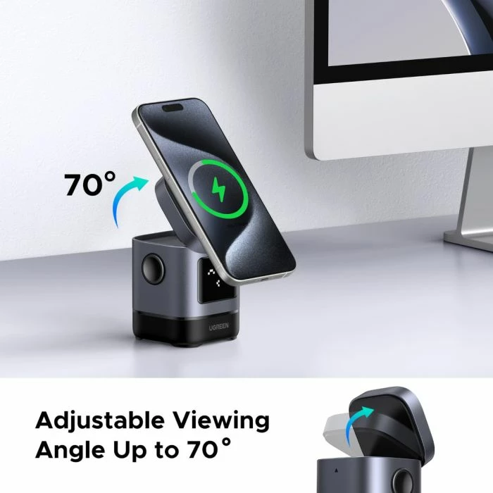 Karikues wireless magnetik UGREEN Uno Qi2 2-në-1 15W me portë USB-C për Apple Watch, gri, set me kabllo USB-C 1m