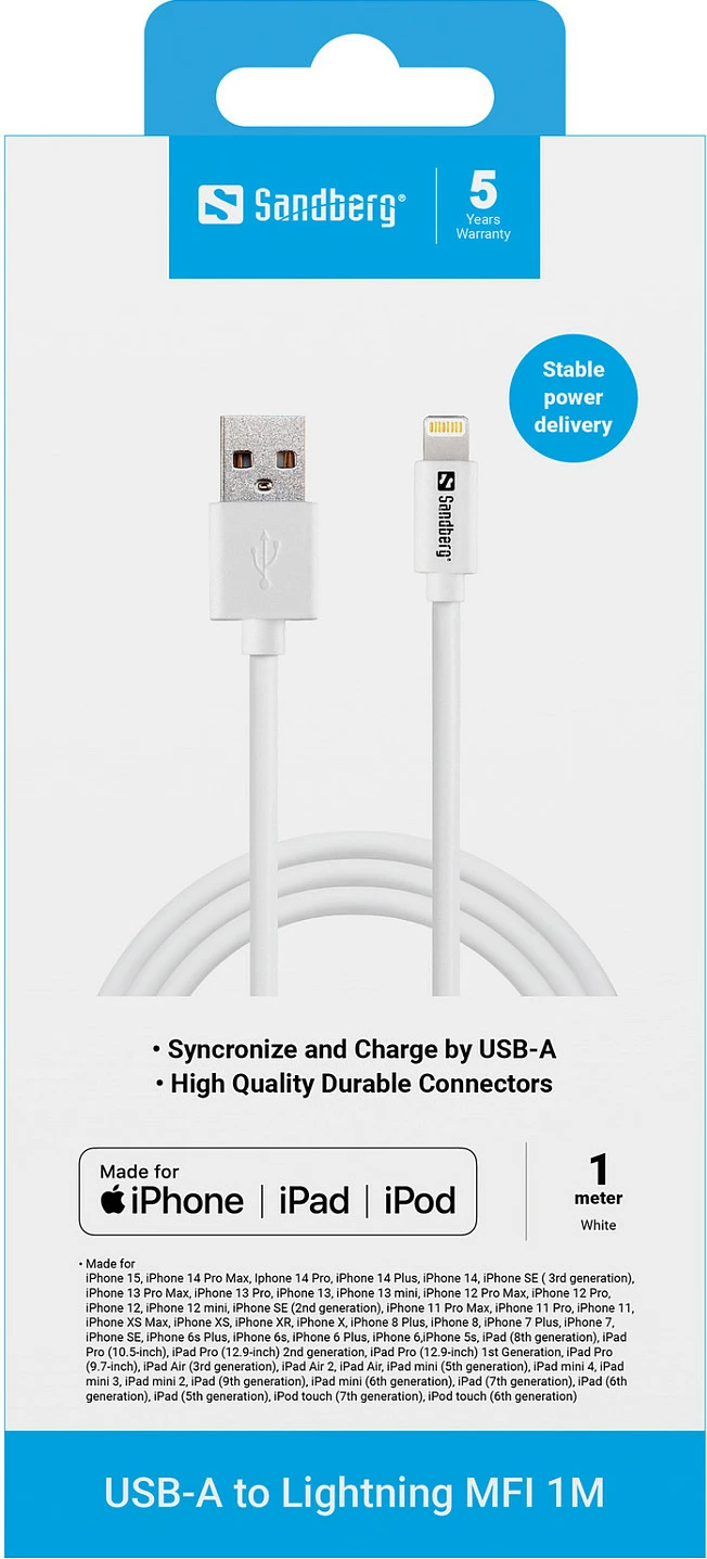 Kabllo Sandberg USB-A në Lightning MFi, 1m, e bardhë