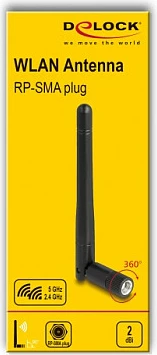 Antena WLAN DeLOCK 90150, 2 dBi, RP-SMA, 2.4/5 GHz, e zezë