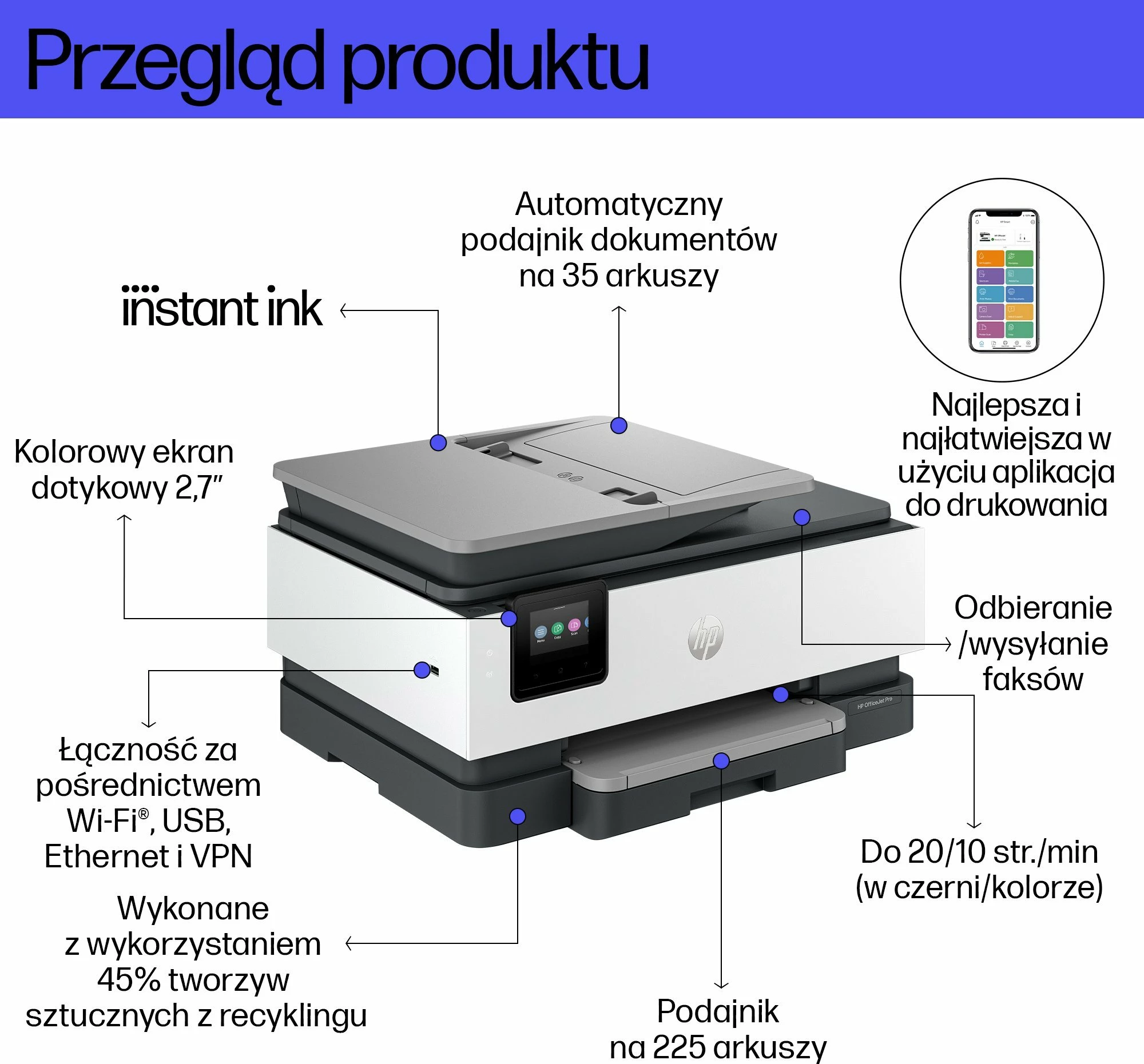 Printer multifunksional inkjet HP OfficeJet Pro 8132e (40Q45B), A4, Wi‑Fi/Ethernet/USB, Bardhë/Grisë