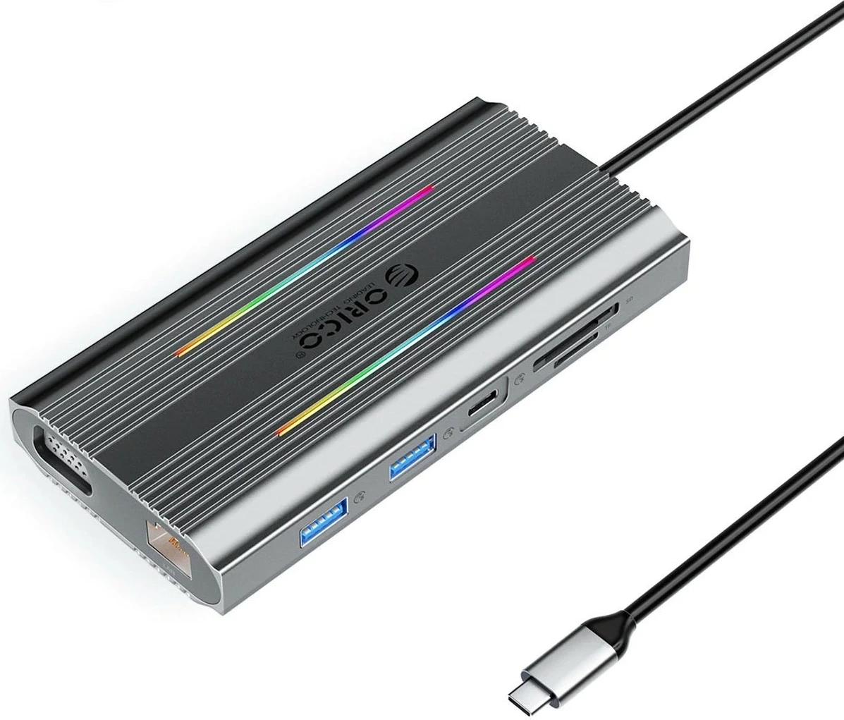 Hub Orico USB-C 12w1 XDR-X2, 3x USB-A, USB-C PD 100W, HDMI 4K, VGA, RJ45, gri