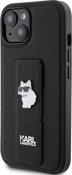 Mbështjellës Karl Lagerfeld Gripstand Saffiano Choupette Pins për iPhone 15 Plus / 14 Plus, i zi