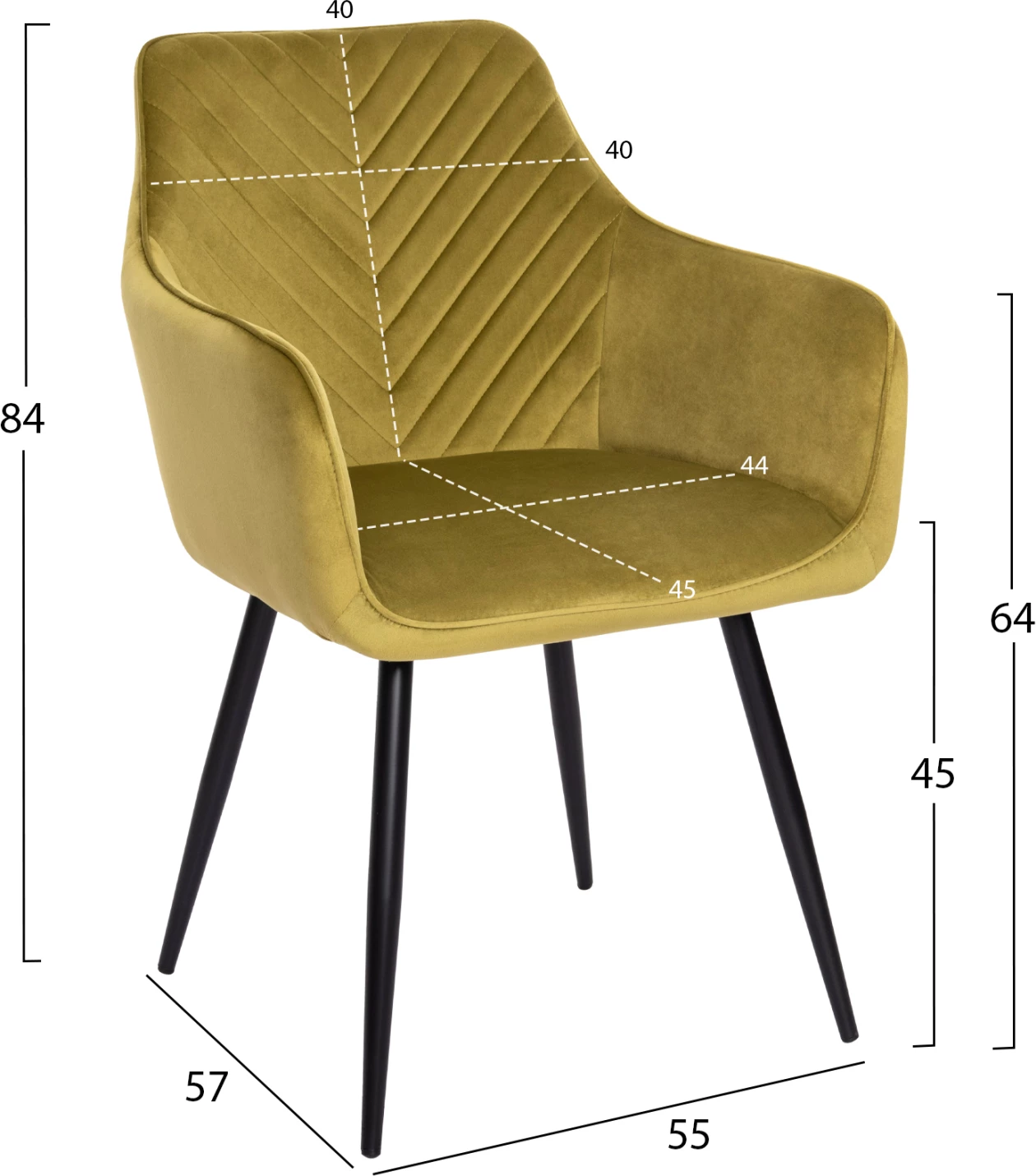 Karrige për ngrënie LATRELL FH8582.07, kadife jeshile ulliri & këmbë metalike të zeza, 55x57x84H cm., set prej 2 copë