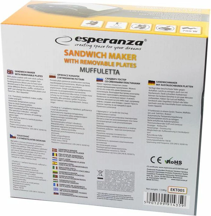 Toster Esperanza Muffuleta EKT005 700 W 3n1, i zi, set me 3 pllaka
