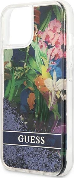 Mbështjellës Guess Flower Liquid Glitter për iPhone 13 mini 5.4", i fortë, Blu