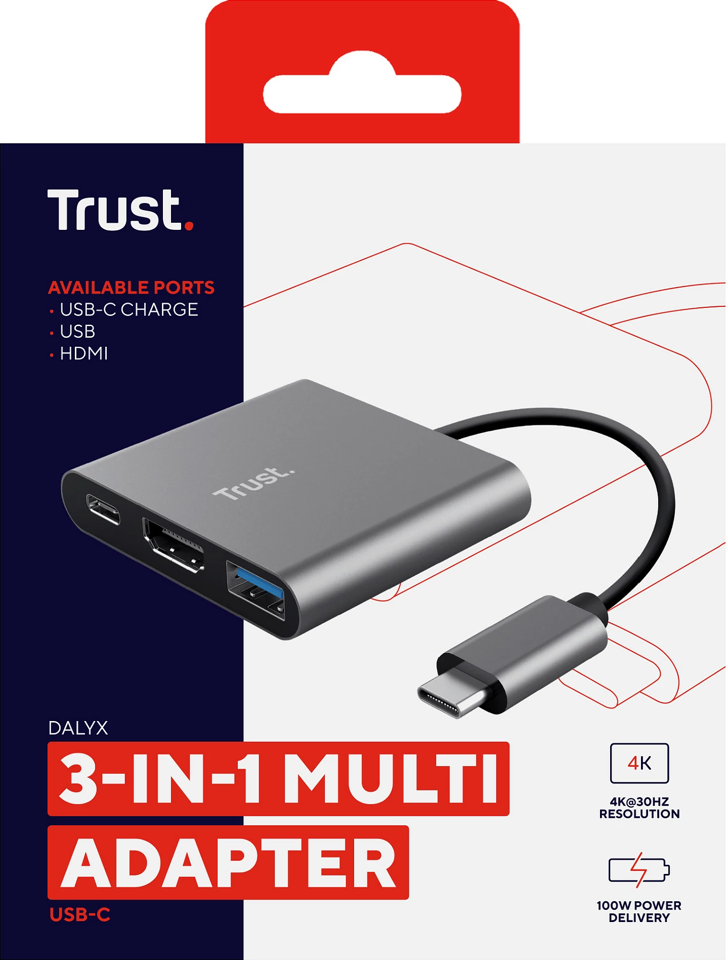Adapter/Hub USB-C Trust Dalyx 3-në-1, HDMI, USB-A, USB-C PD 100W, alumin/zi