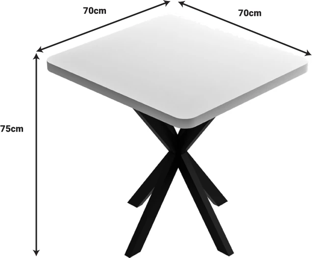 Tavolinë Prestone melamine, ngjyrë bardhë dhe këmbë metalike të zeza, 70x70x75cm