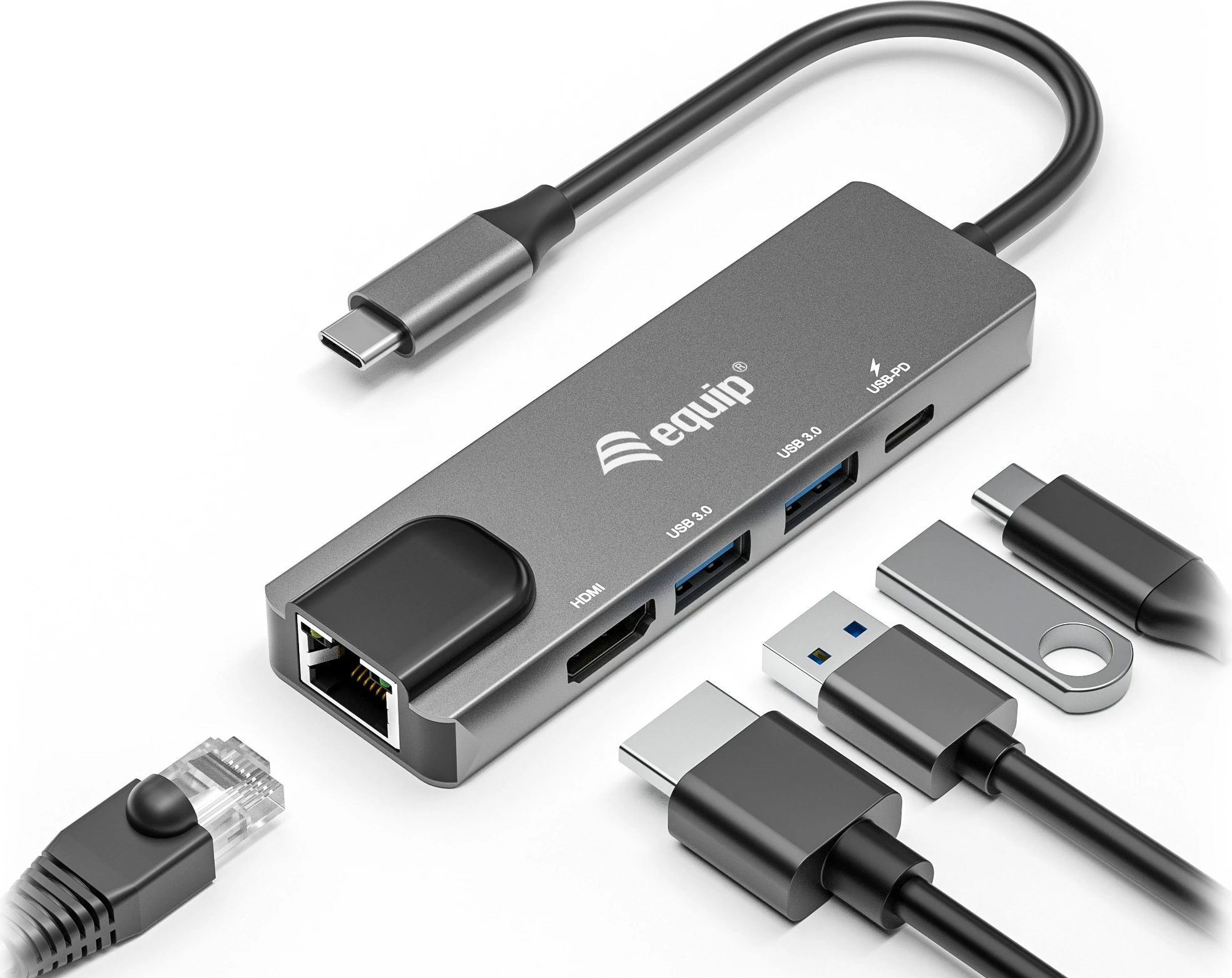 Adapter multifunksional USB-C Equip 133489, 5 porte, HDMI, Gigabit LAN, 100W PD, Gri