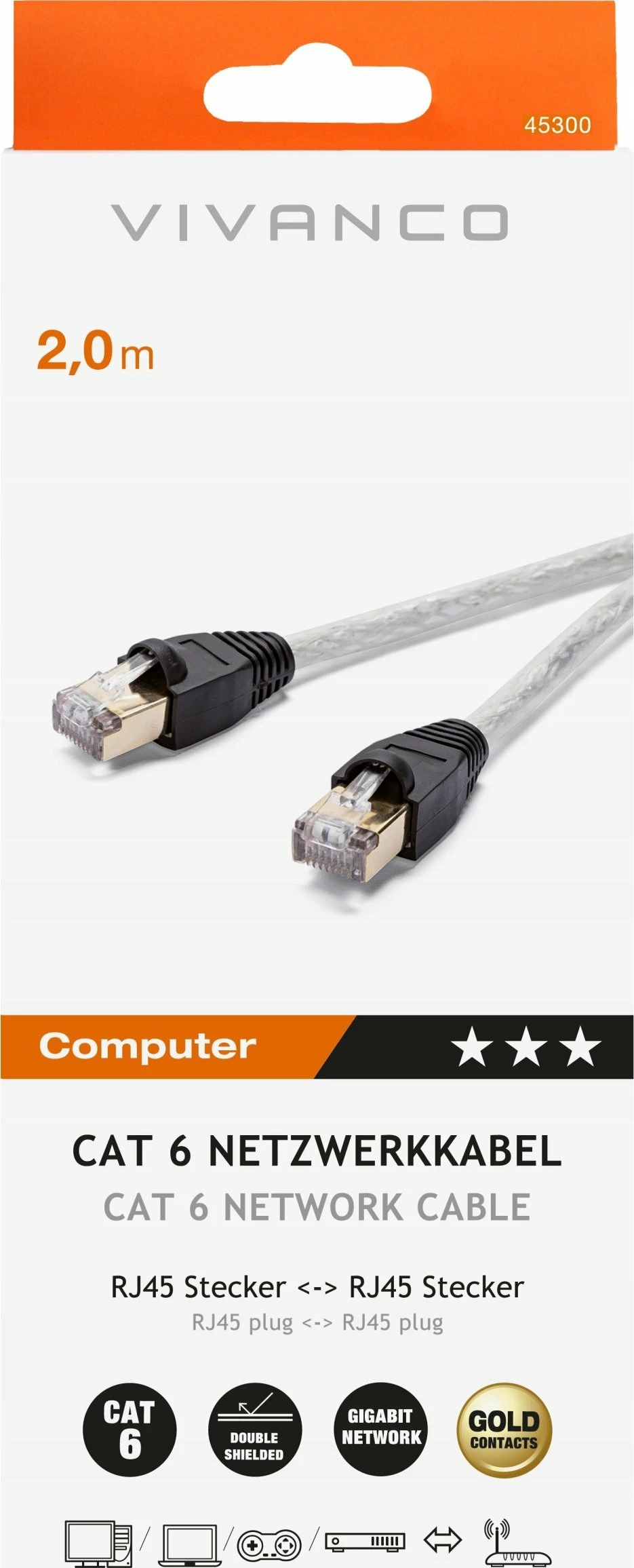 Kabllo rrjeti Vivanco CC N6 20 6 (45300) CAT6e 2m RJ45-RJ45 F/FTP, e bardhë