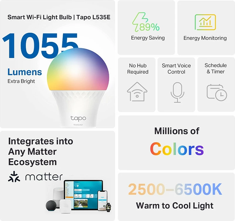 Llambë smart TP-Link Tapo L535E, E27, 1055 lm, RGB, Wi‑Fi/Bluetooth, e bardhë