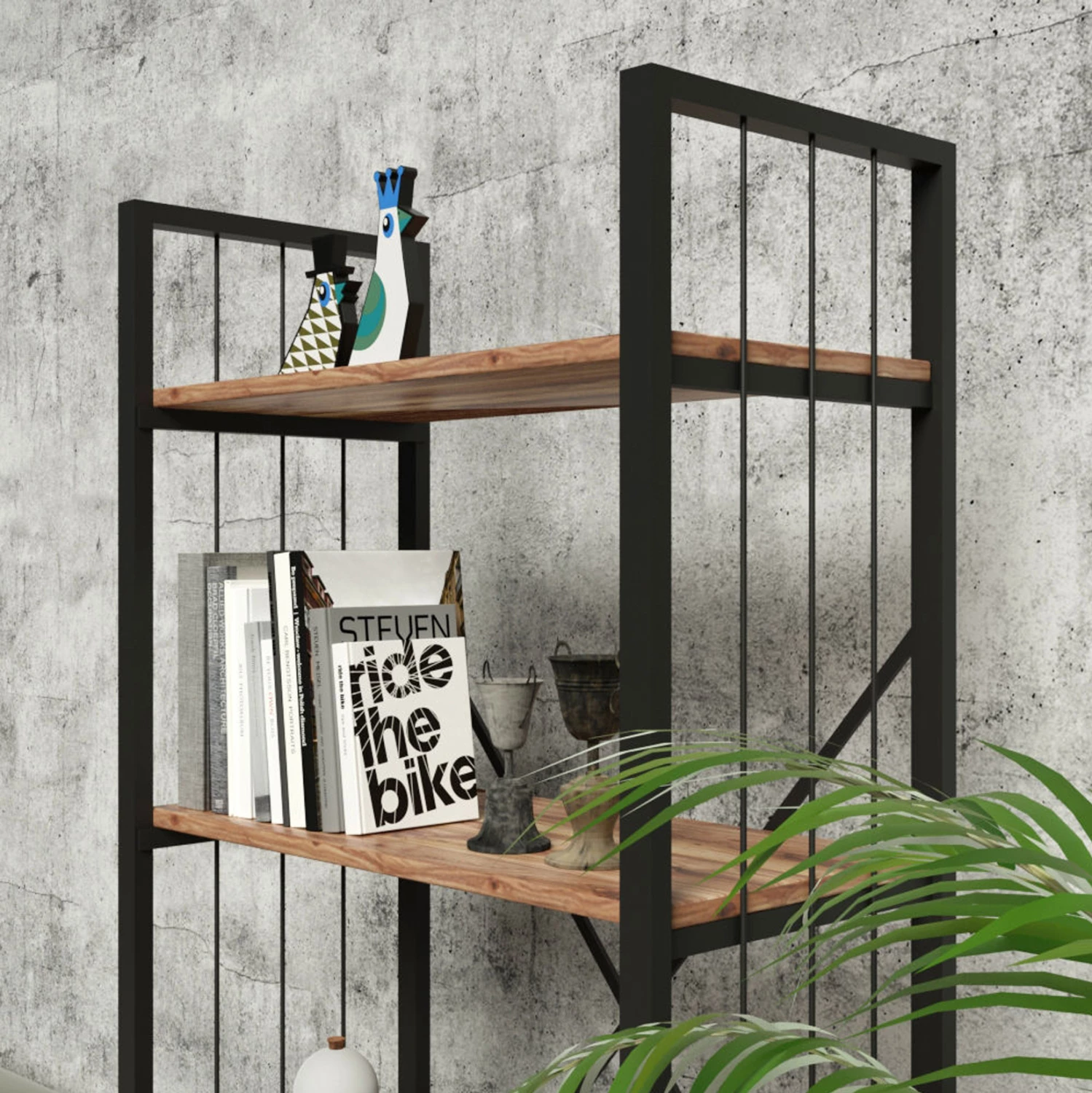 Raft librash INDUS melaminë, ngjyrë arre dhe metal gri, 60x30x150 cm, FH9425