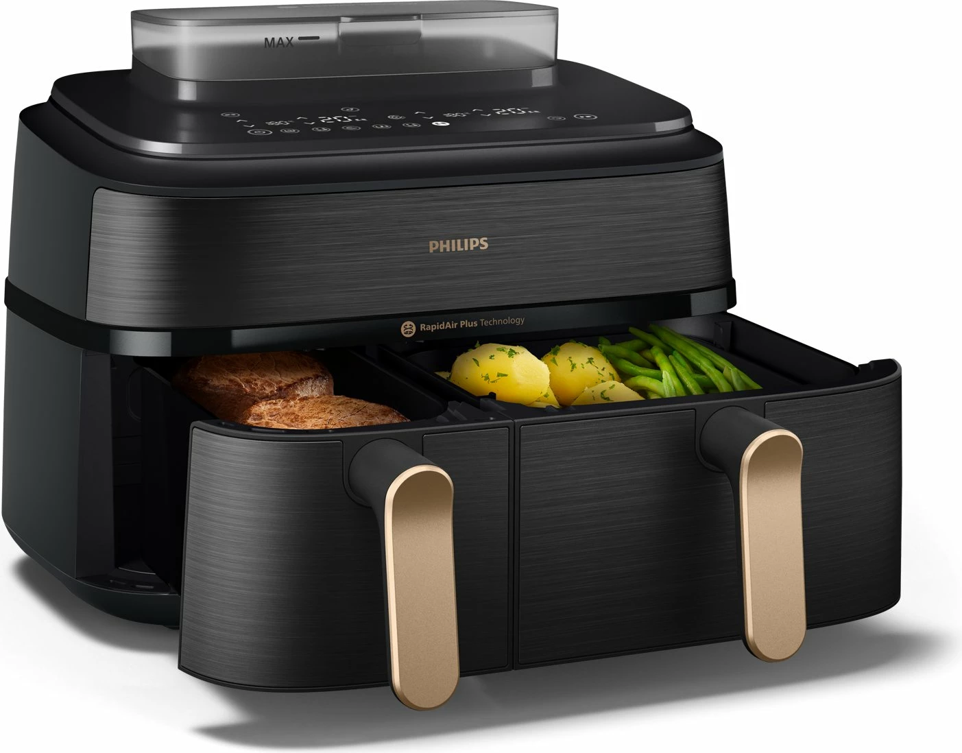Fritezë pa vaj Philips Ovi Dual Basket NA552/00 9L (6L+3L) 2750W, e zezë