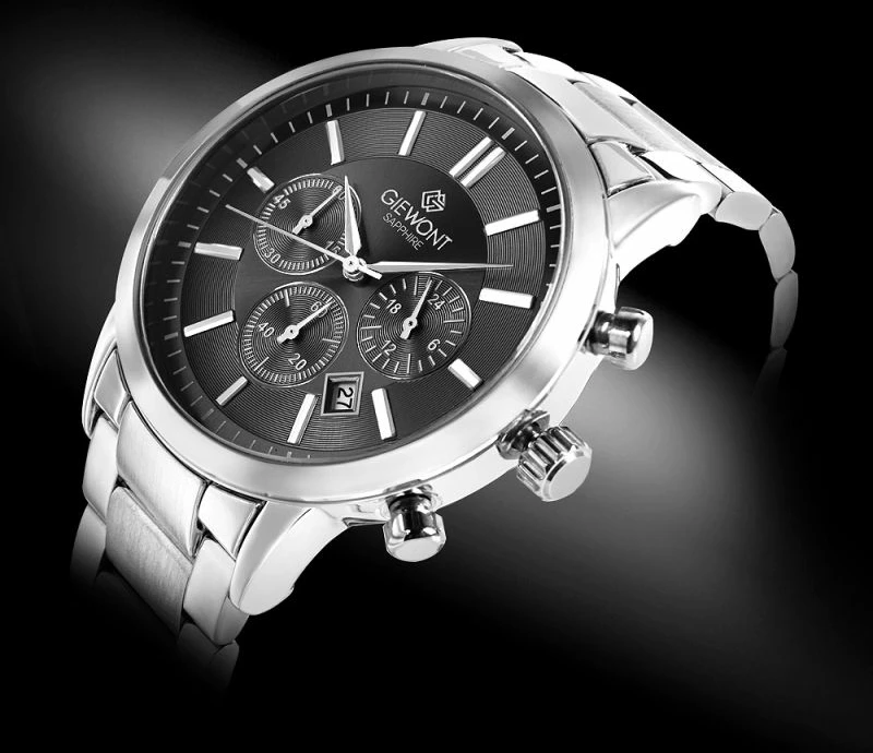 Orë dore meshkuj Giewont GW8510-B1, argjendtë me rrip çeliku, me kronograf, e zezë