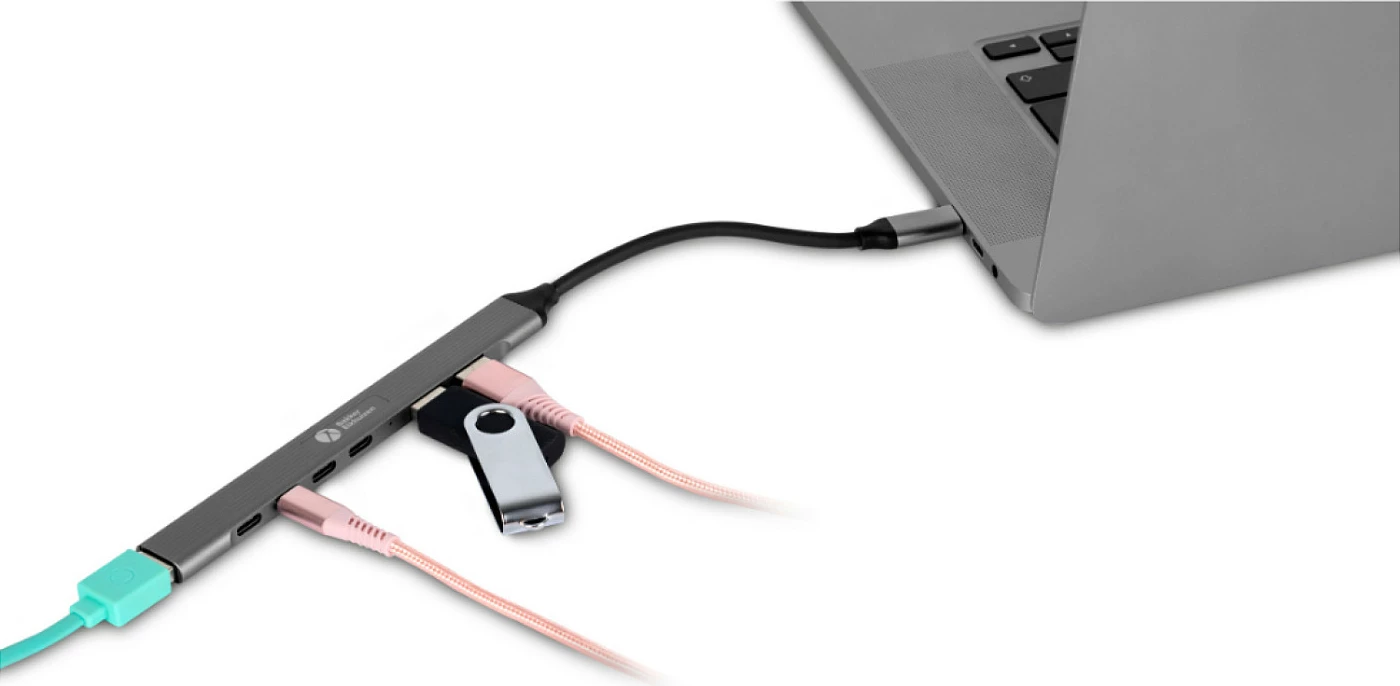 USB-C hub BakkerElkhuizen 7-në-1, 3x USB-A + 4x USB-C, 5 Gbps, aluminium, gri/zi