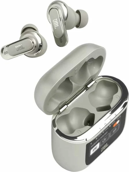 Kufje JBL Tour Pro 2 TWS pa kabllo me mikrofon, ANC adaptiv, kuti karikimi smart me ekran, Bluetooth 5.3, 40 orë, Champagne