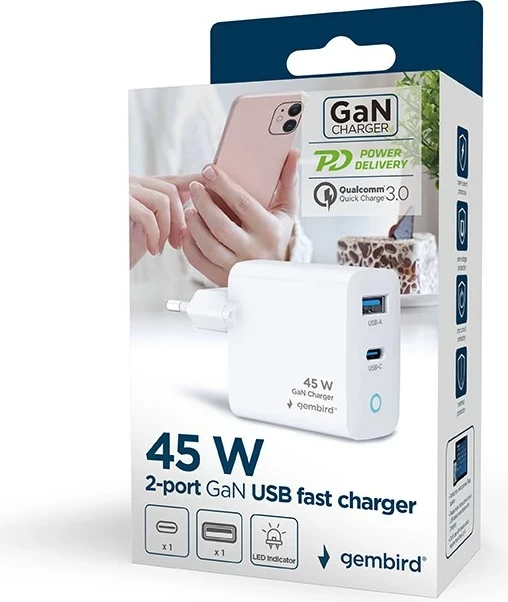 Karikues universal Gembird TA-UC-PDQC45L-W-01, Fast Charge 45W, i bardhë