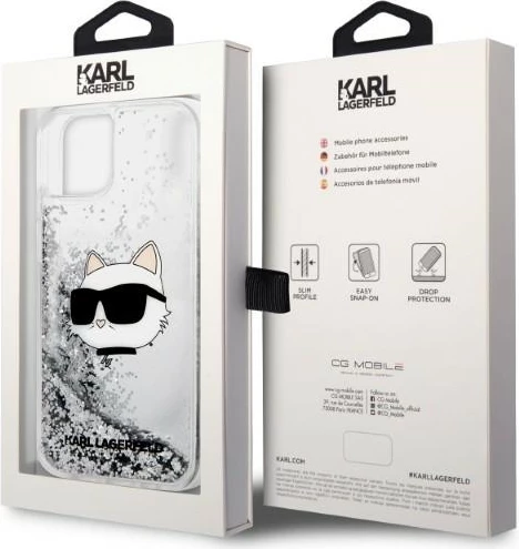 Mbështjellës Karl Lagerfeld KLHCP14MLNHCCS për iPhone 14 Plus 6.7", Glitter Choupette Head, Argjendtë