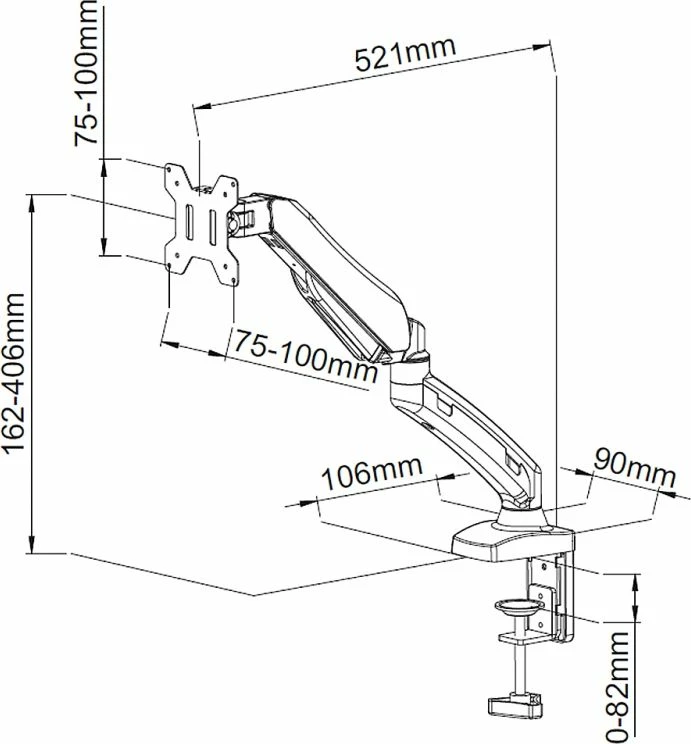 Mbajtës tavoline për monitor Art L-11GD 13"-27", VESA 75x75/100x100, gas spring, i zi