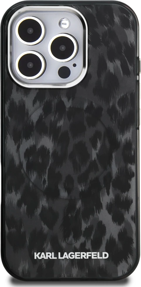 Mbështjellës Karl Lagerfeld IML Leopard Pattern MagSafe për iPhone 16 Pro, i zi, me kuti