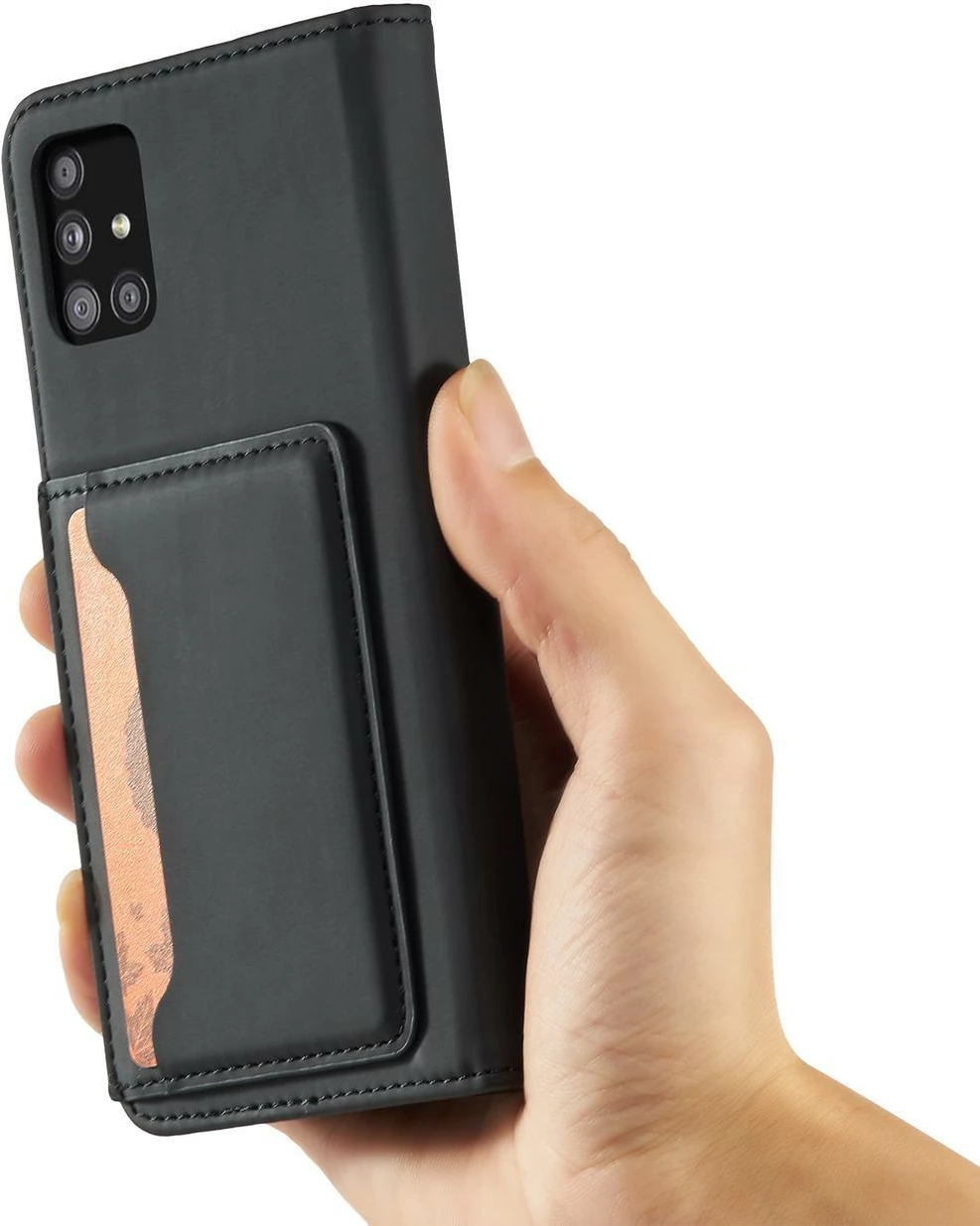 Mbështjellës Hurtel Magnet Card Case për Samsung Galaxy A12 5G, me portofol dhe mbajtëse, i zi