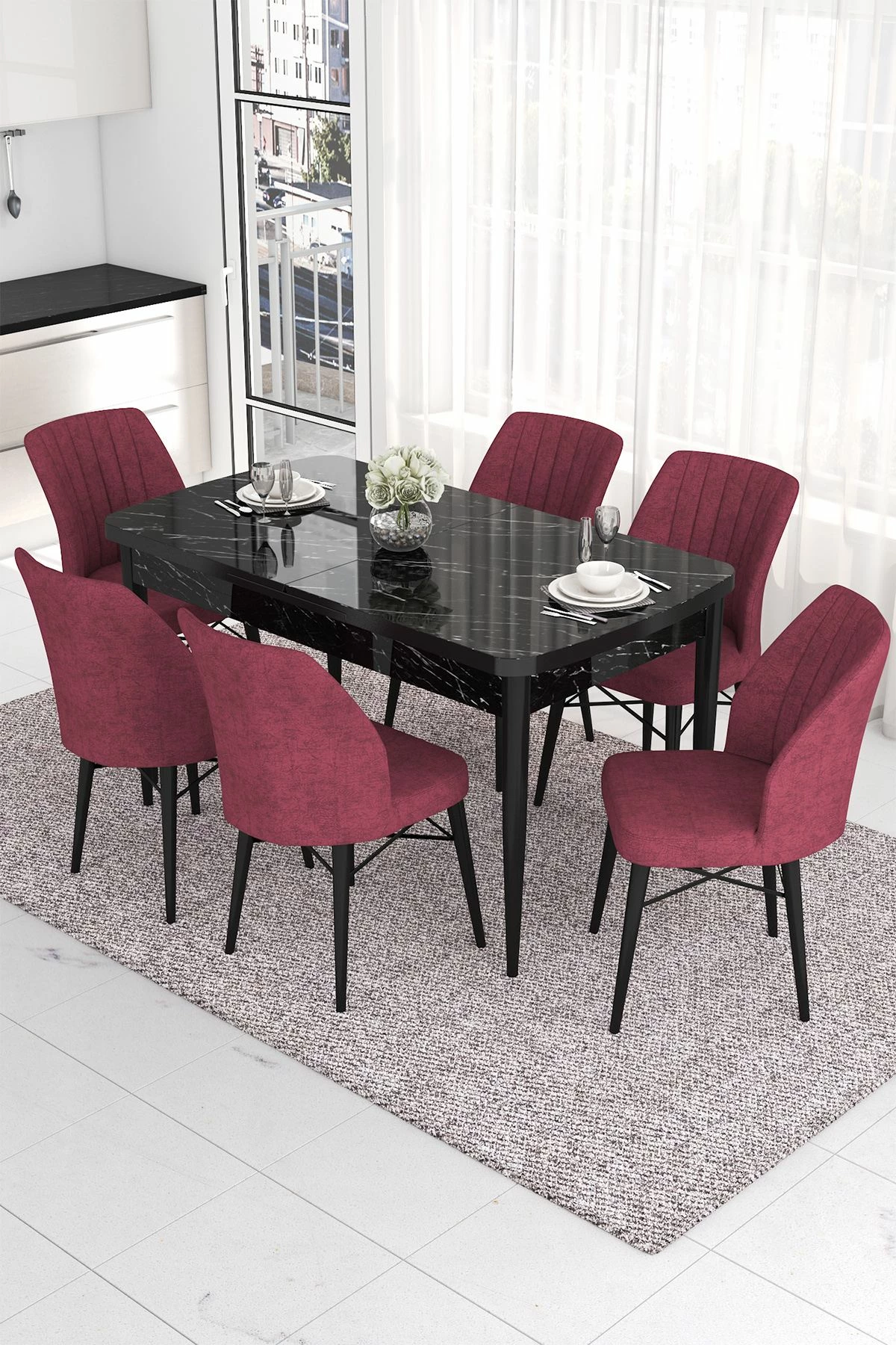 Tavolinë me karrige, zgjatshme, 7 copë, ngjyrë mermeri të zi, karrige burgundy, Skye Decor Eva