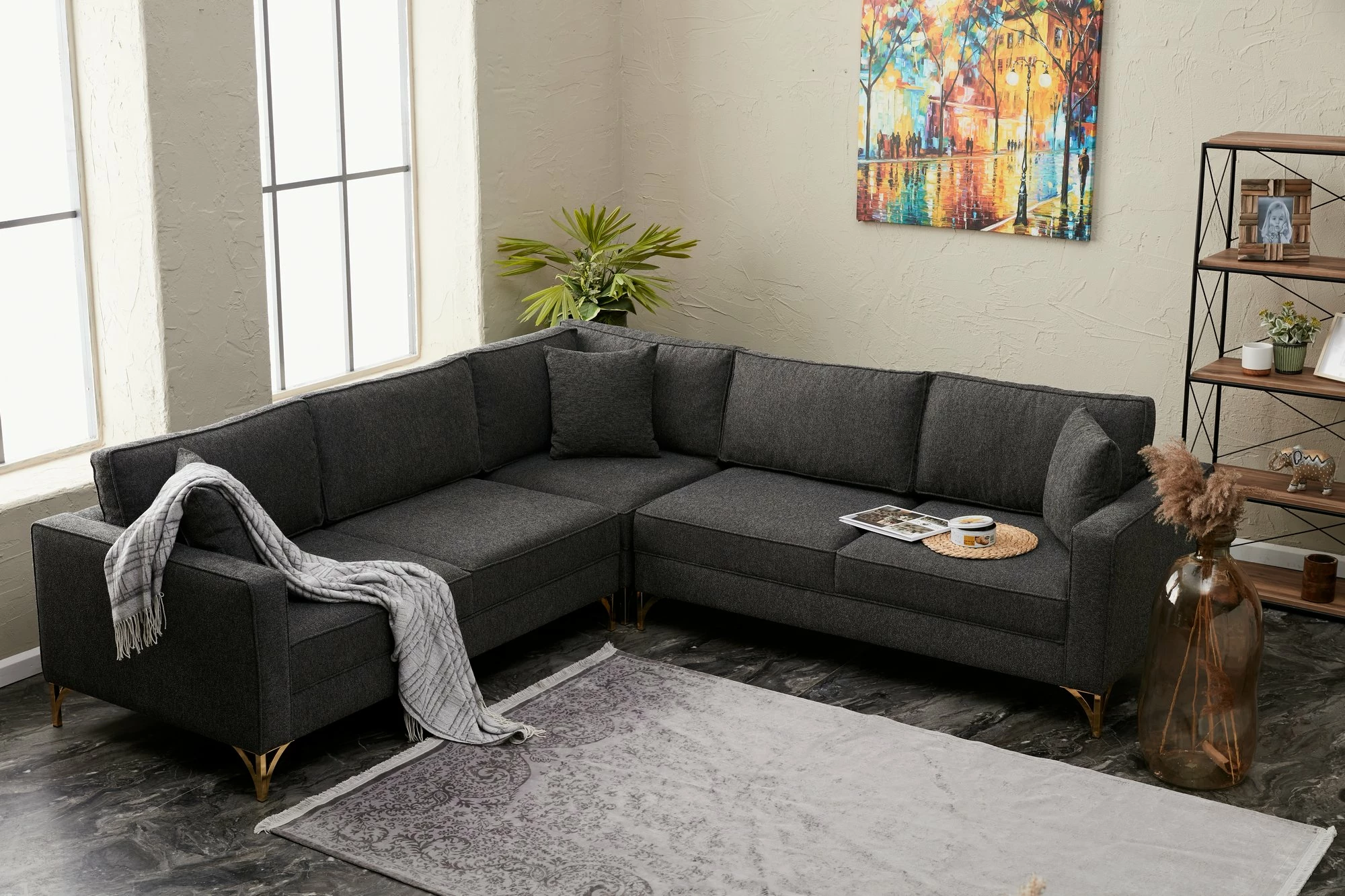 Këndare Atelier del Sofa, ngjyrë antracit, detaje ari