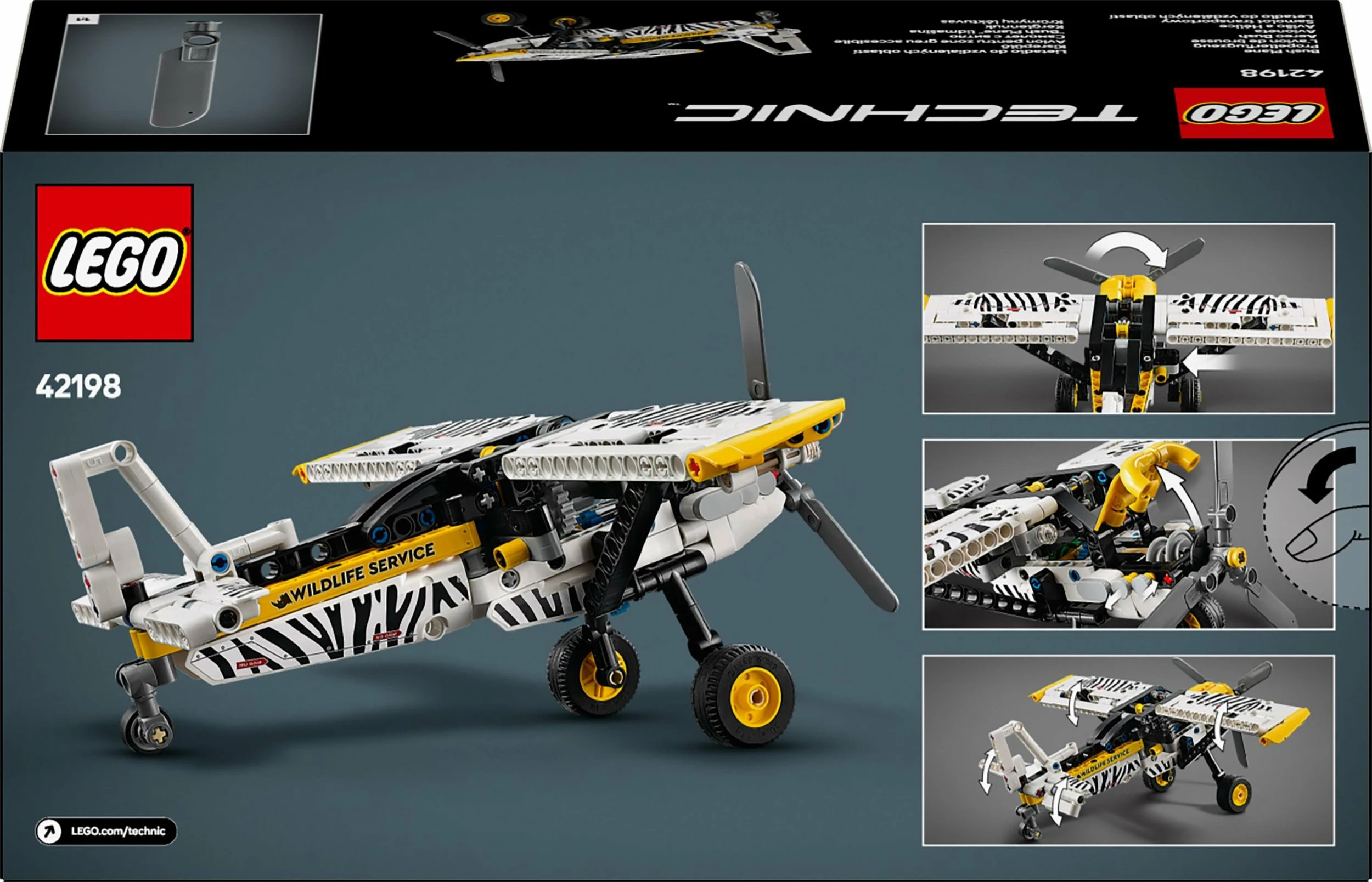Set LEGO Technic Transport Aircraft 42198 (Bush Plane), 333 copë, bardhë/zi me vija zebra