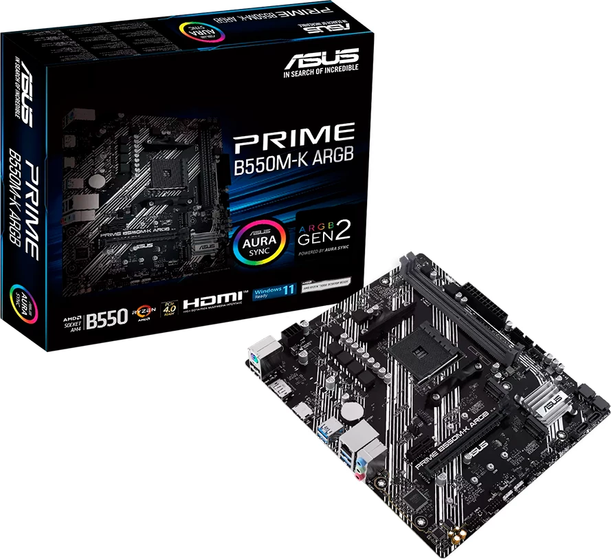 Pllakë amë ASUS PRIME B550M-K ARGB, AM4 mATX, AMD B550, DDR4 2xDIMM, 2xM.2, 4xSATA, PCIe 4.0, 1GbE, HDMI/DP/DVI, Aura Sync