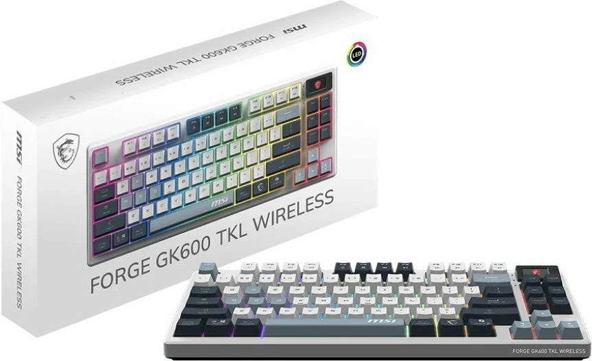 Tastierë gaming MSI Forge GK600 TKL Wireless, mekanike linear, RGB, hot-swap, 2.4GHz/Bluetooth/USB-C, US INTL, e bardhë