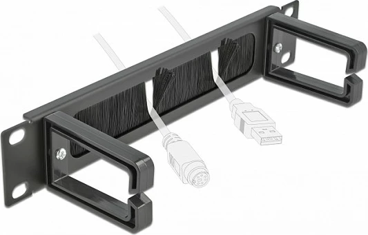 Panel me furçë për menaxhim kabllosh DeLOCK 10″, 1U, me 2 grepa, i zi