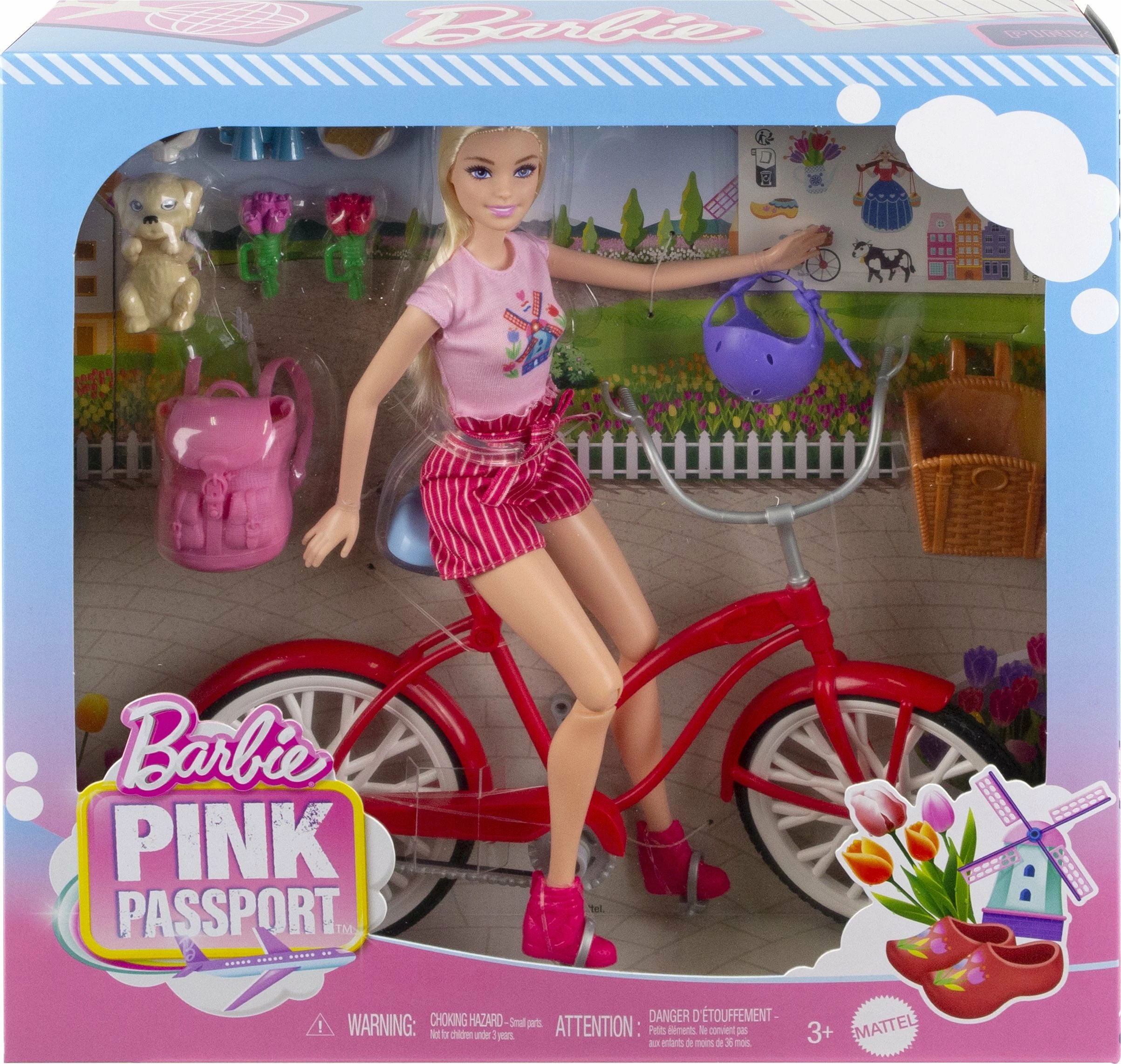 Kukull Barbie Mattel Pink Passport HWJ00 me biçikletë dhe këlysh, set