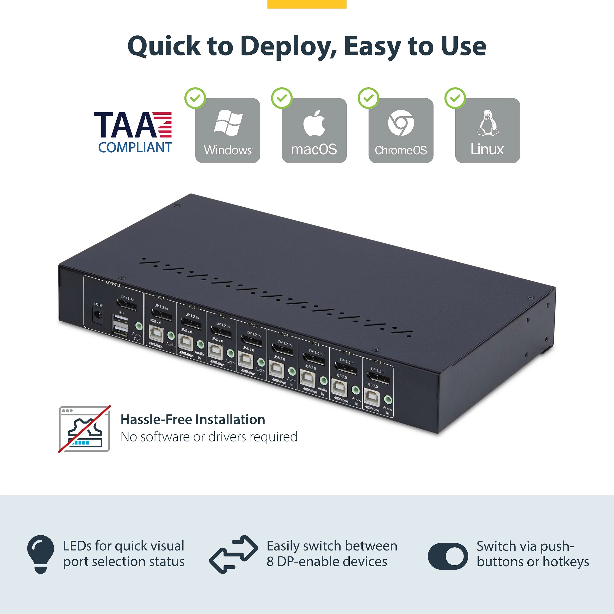 Switch KVM DisplayPort StarTech 8-Port, DP 1.2, 4K 60Hz, 1U Rack, i zi