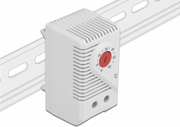 Termostat DeLOCK për shinë DIN, 0-60°C, kontakt NC, IP20, gri/kuqe