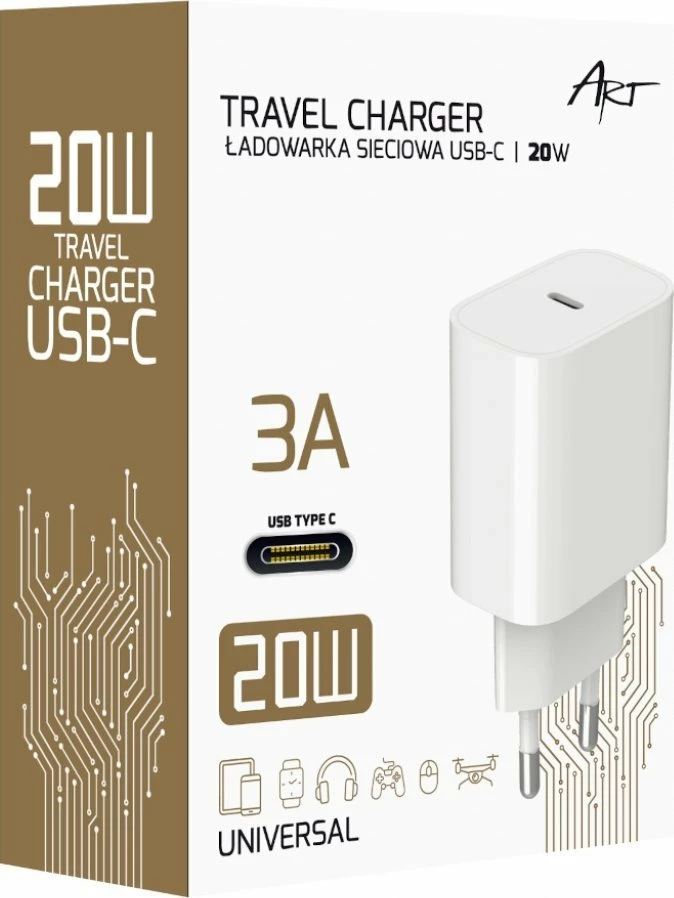 Karikues muri Art AZ-U20W1 20W USB-C PD/QC 4.0 3A, i bardhë