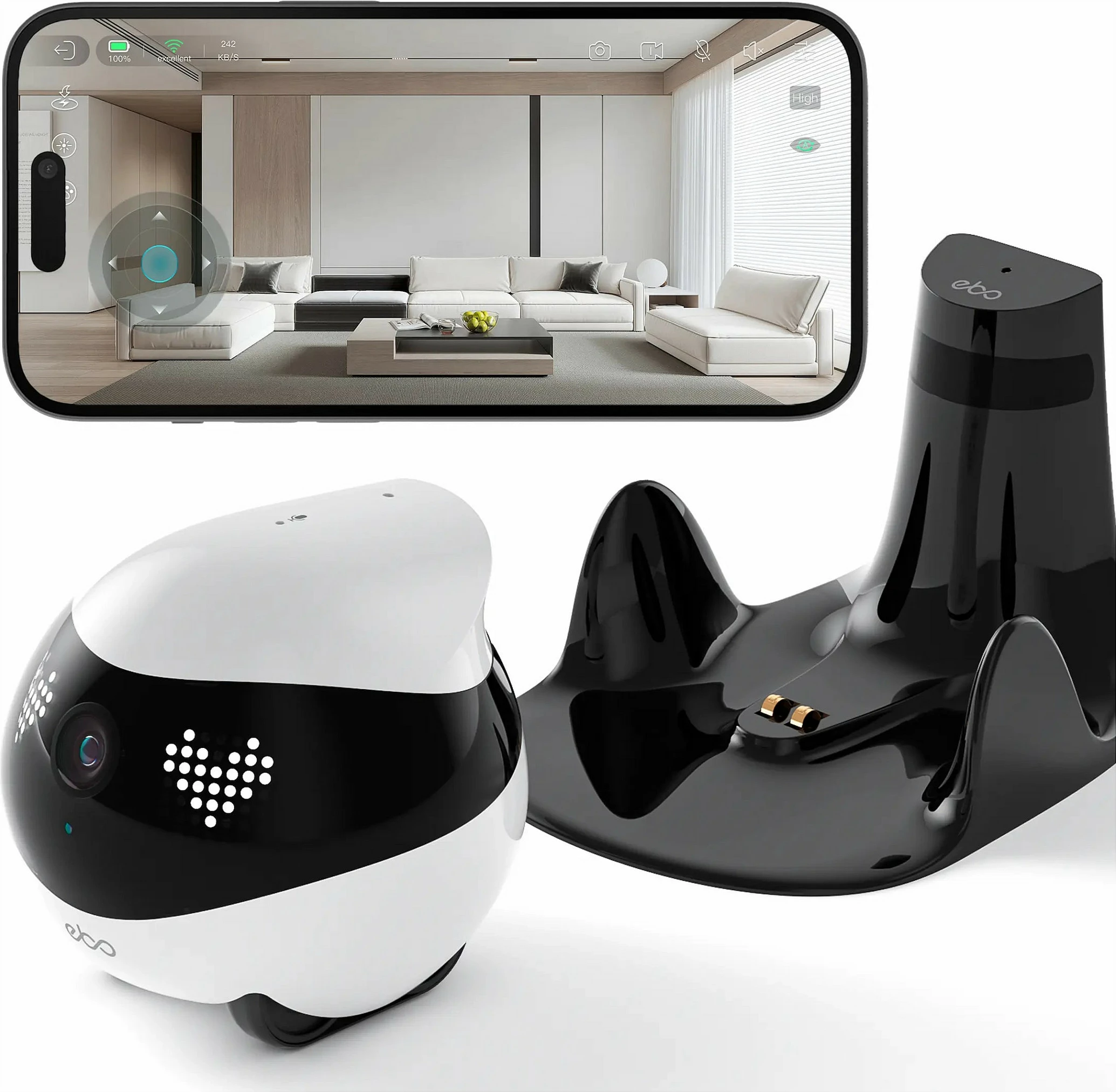 Robot për kafshë shtëpiake Enabot EBO Air 2, kamerë 2K, shikim nate, Wi‑Fi 5 GHz, bardhë/zi