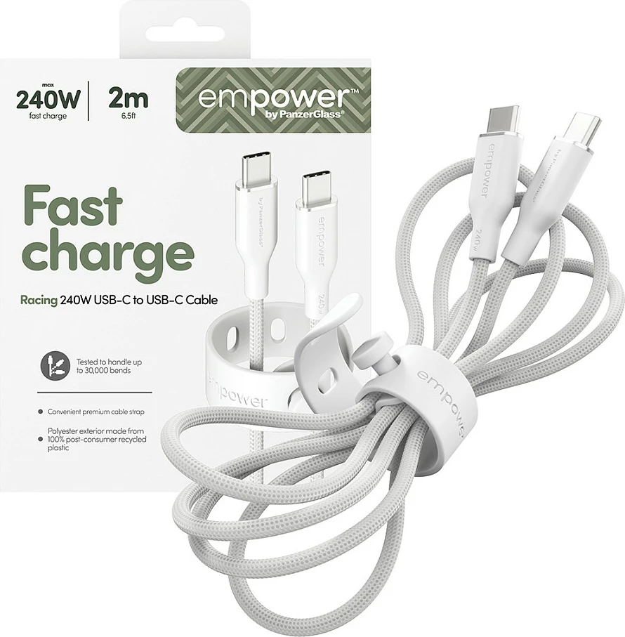 Kabllo USB-C në USB-C PanzerGlass empower Racing, 240W, 2m, USB 2.0, e bardhë