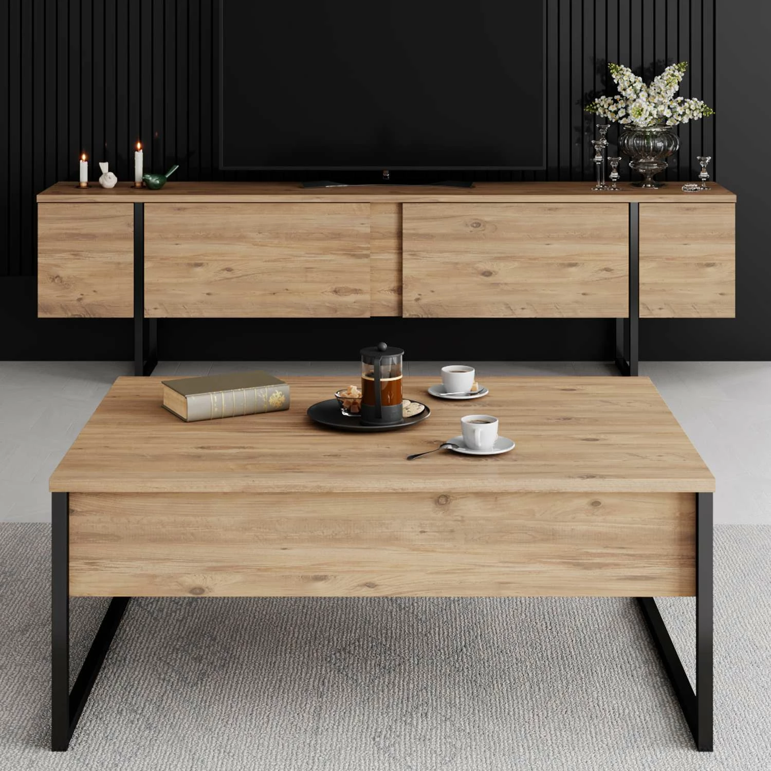 Komodë për TV Hanah Home, Luxe, ngjyrë Atlantic Pine, e zezë
