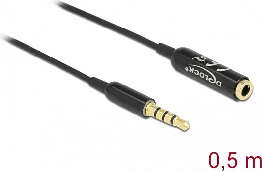 Kabllo zgjatëse audio DeLOCK 3.5mm 4-pin (TRRS) mashkull-në-femër, 0.5 m, e zezë/argjend