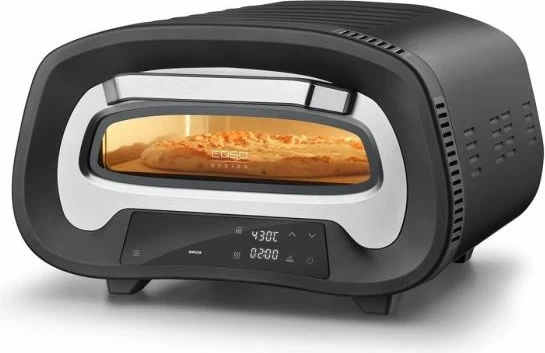 Furrë elektrike për pica CASO PizzaChef 430° 2200W, max 430°C, me gur pice 32×32 cm, me lopatë alumini, zi/argjend