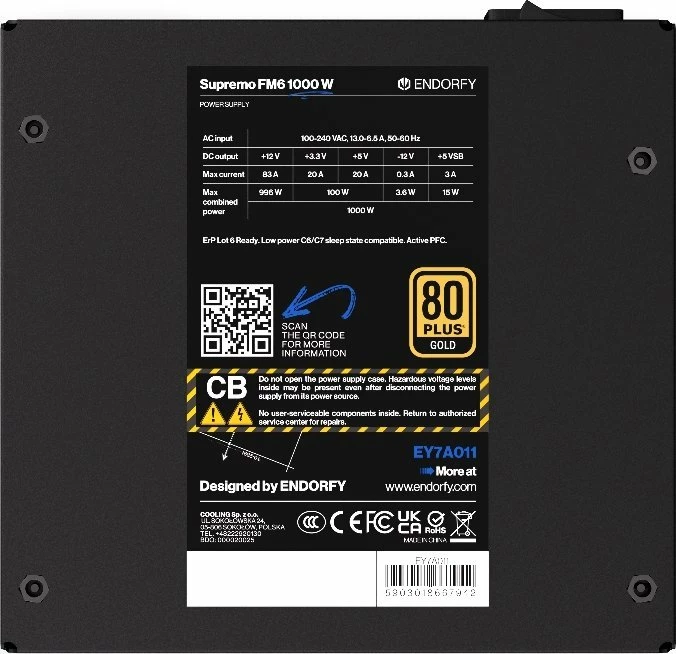Furnizues energjie Endorfy Supremo FM6 EY7A011, 1000W, 80 Plus Gold, ATX 3.1, full modular, i zi