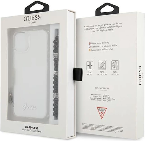 Mbështjellës Guess GUHCP13SKPSBK për iPhone 13 mini 5.4", transparent, me varëse Black Pearl